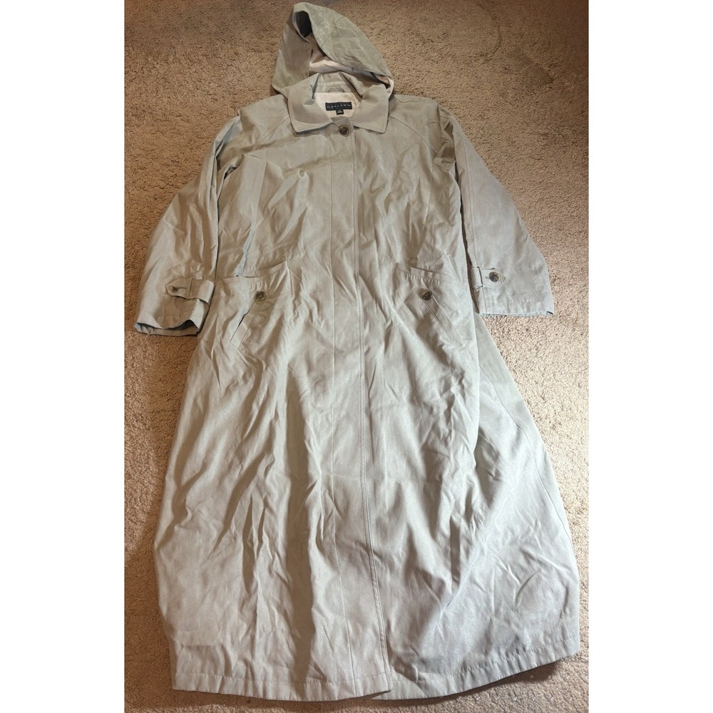 Gallery Trench‎ Coat Women 14 Sage Green Shoulder Pads Full Length Hood Luxury